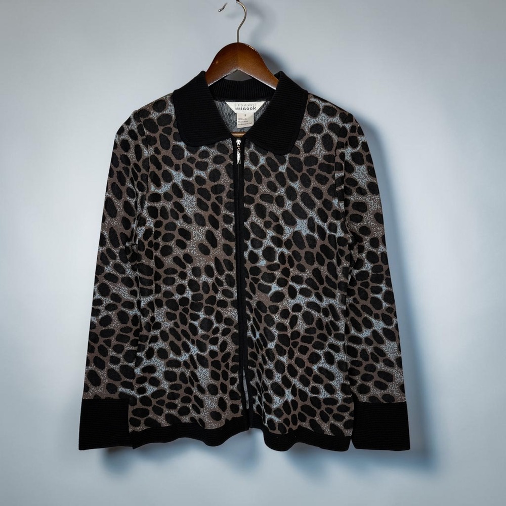 Exclusively Misook Vintage 90s Cheetah Sweater Jacket Zip Front Career Statement